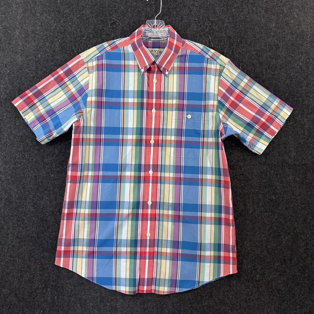Orvis Shirt Men's Medium Colorful Plaid 100% Cotton Pocket Button Down Camp